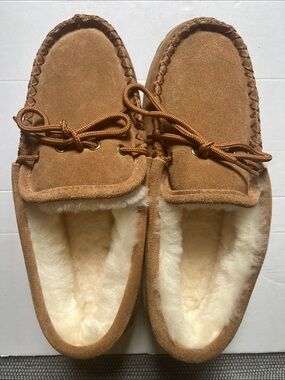 Men's Suede Shearling-Lined Moccasin Slippers - Brown